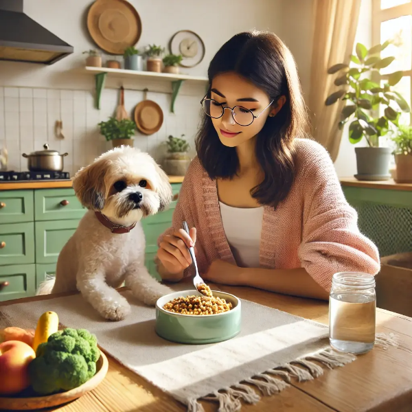 밝은 주방에서 소화에 좋은 식사를 반려견에게 급여하는 다정한 젊은 여성의 초고해상도 사진