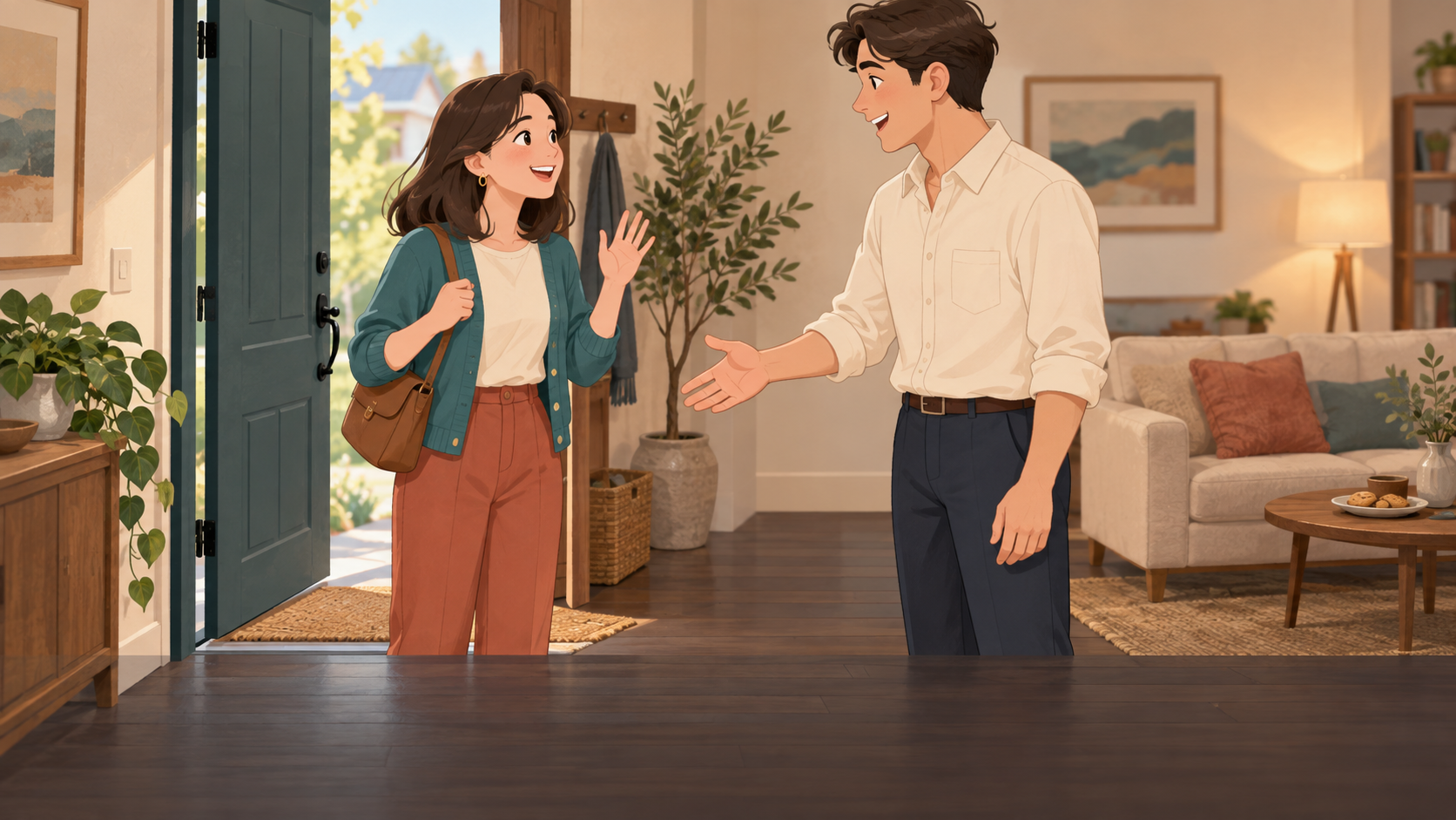 현관에서 서로 인사하는 두 사람: Nice to meet you 연결 발음 연습