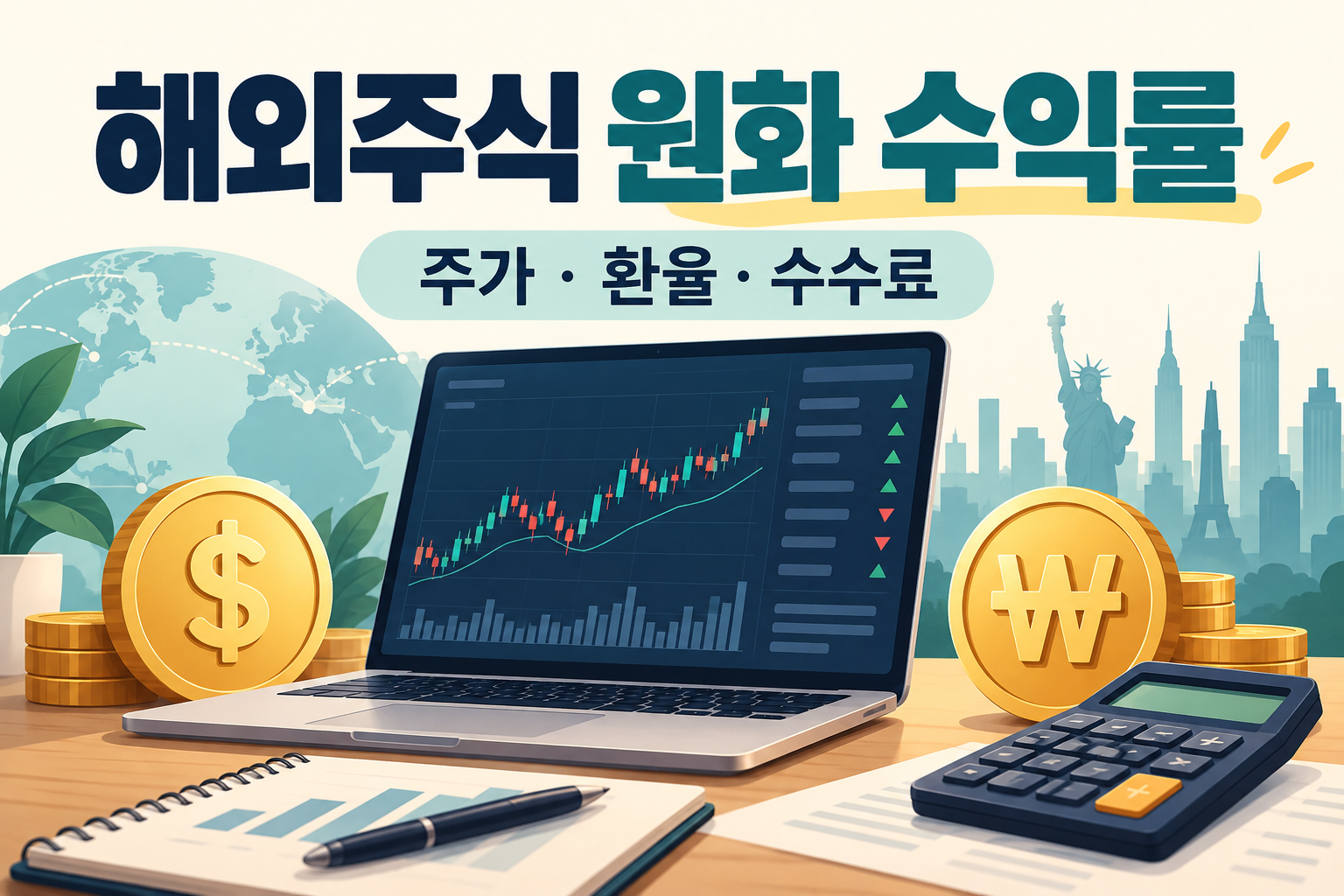 해외주식 원화 수익률 계산기 - 주가·환율·수수료 함께 계산