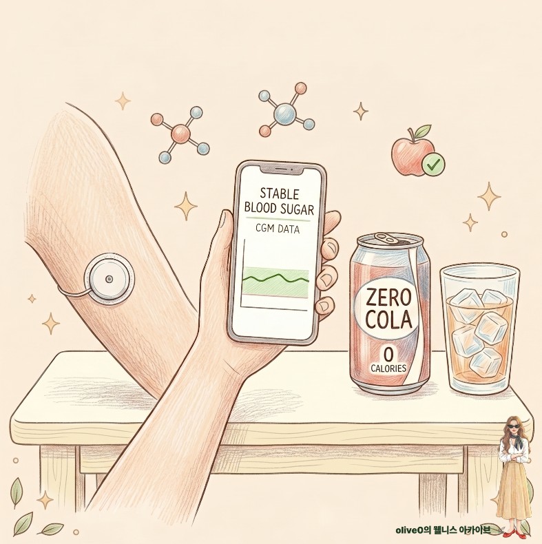 팔에 연속혈당측정기(CGM)를 부착한 채 제로 콜라를 마시며 스마트폰으로 변함없는 혈당 그래프를 확인하는 모습을 따뜻하게 표현한 손그림 색연필 일러스트 (Testing zero calorie drink with continuous glucose monitor blood sugar level graph cozy colored pencil drawing)