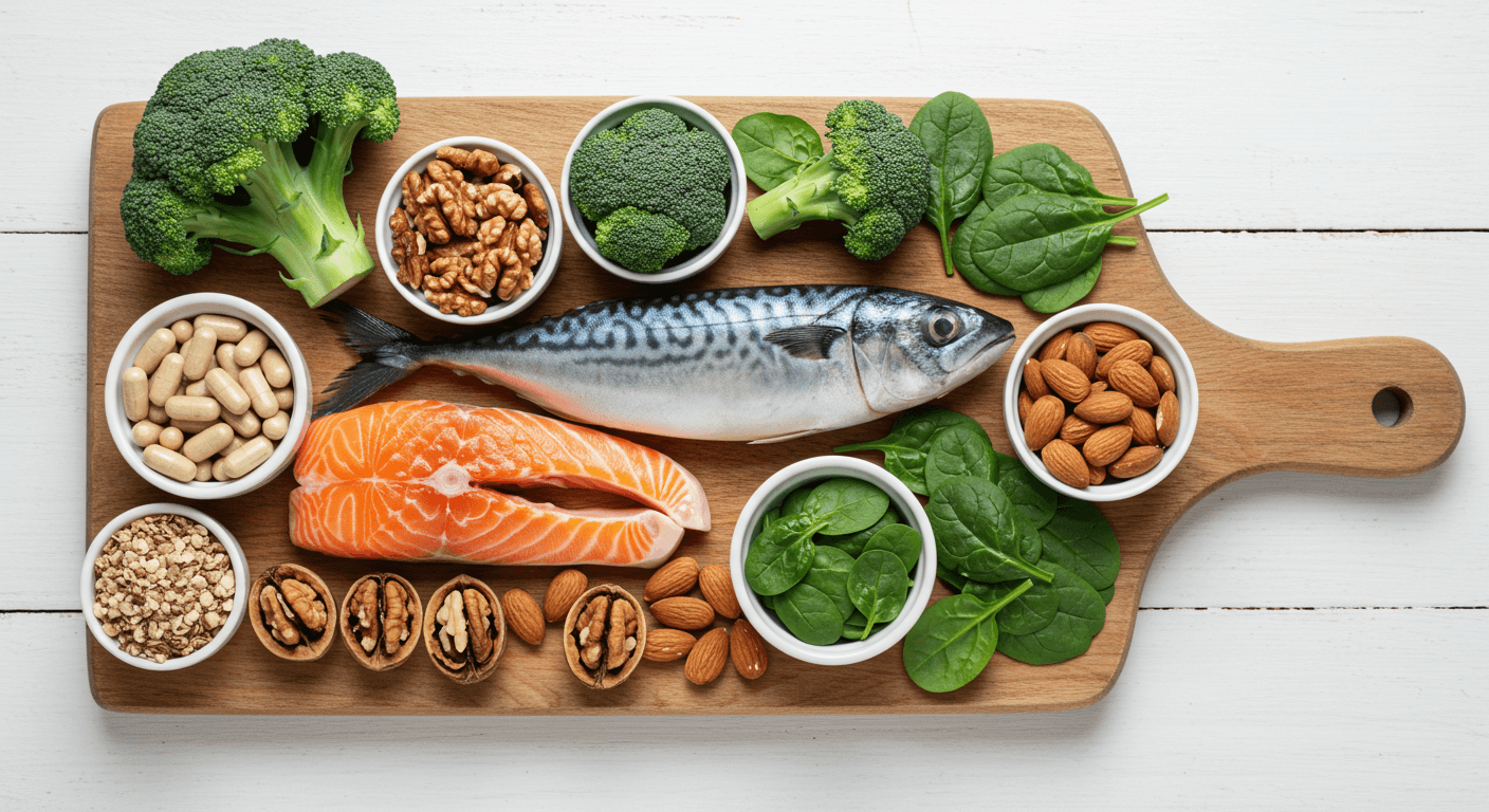연어, 고등어, 시금치, 브로콜리, 견과류, 영양제가 함께 놓인 관절 건강에 좋은 식품 구성