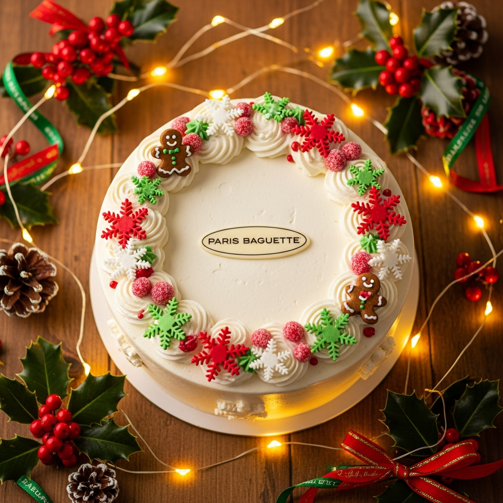 파리바게트 특유의 스타일로 아름답게 장식된 크리스마스 케이크가 반짝이는 페어리 라이트와 함께 놓인 화려한 오버헤드 사진