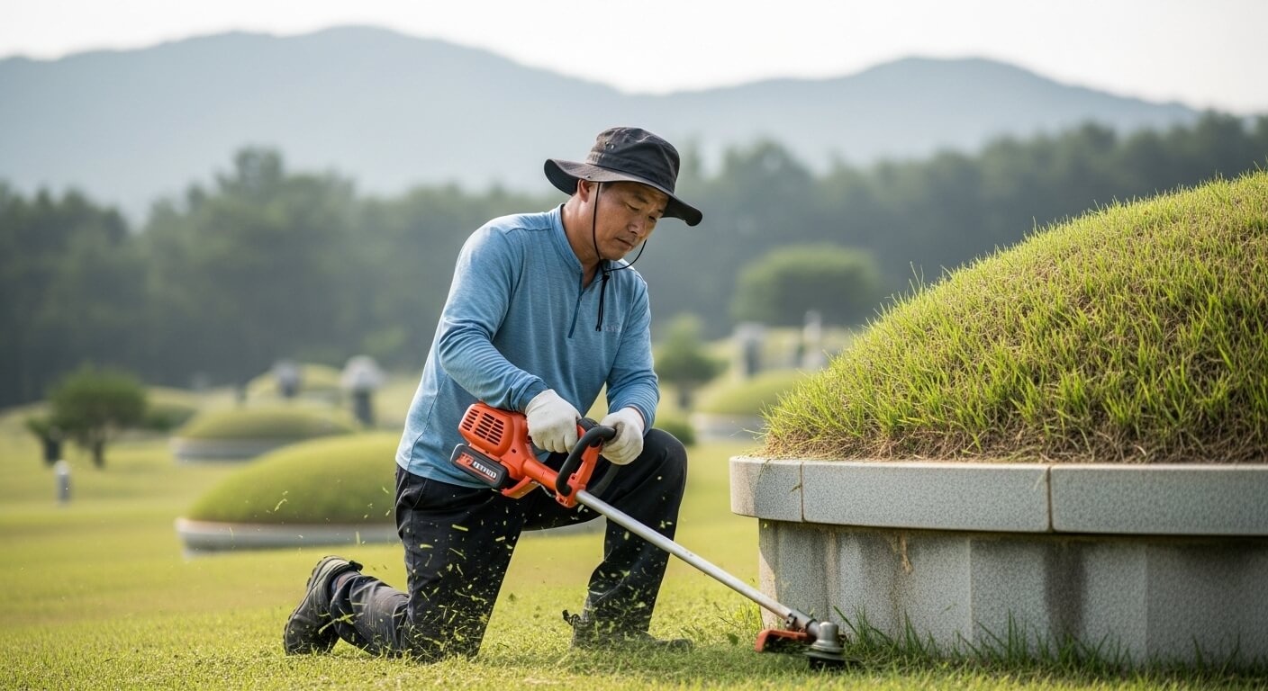 남성이 예초기로 봉분 묘지 주변 풀을 깎는 모습