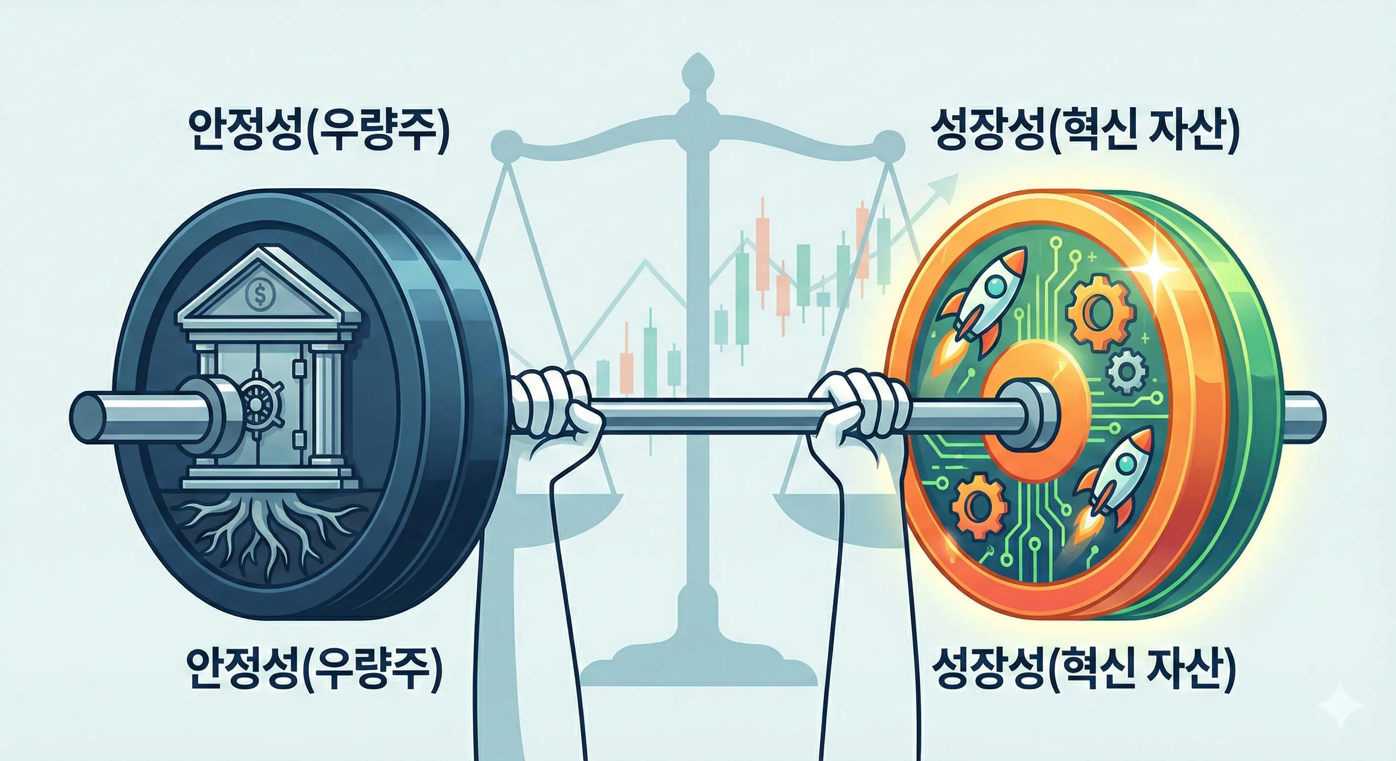 전통 우량주를 통한 안정성과 혁신 자산을 통한 성장성의 균형을 맞추는 직장인 맞춤형 바벨 전략(Barbell Strategy)을 역도 바벨로 시각화한 일러스트