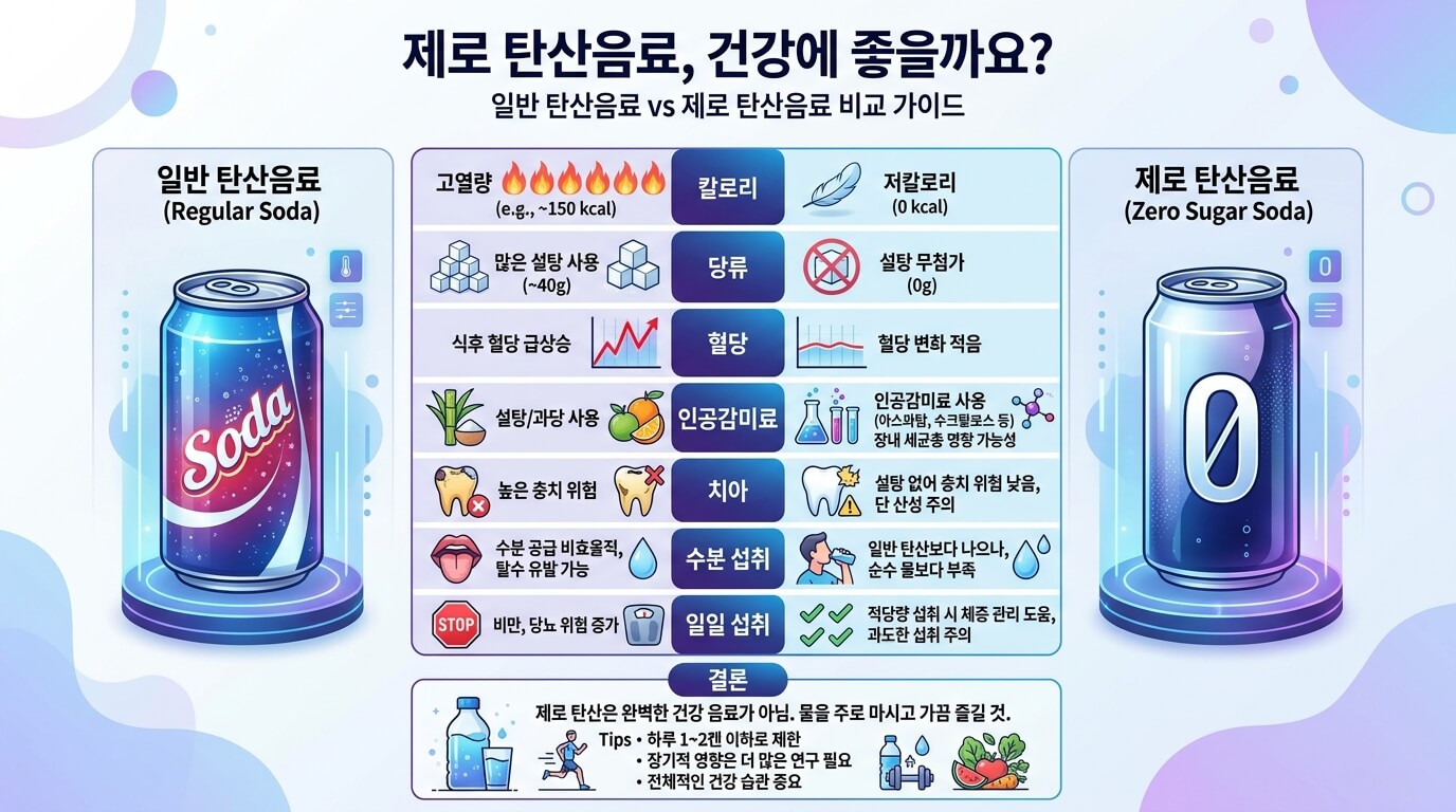 일반 탄산음료와 제로 음료의 차이점과 건강 영향을 설명하는 인포그래픽