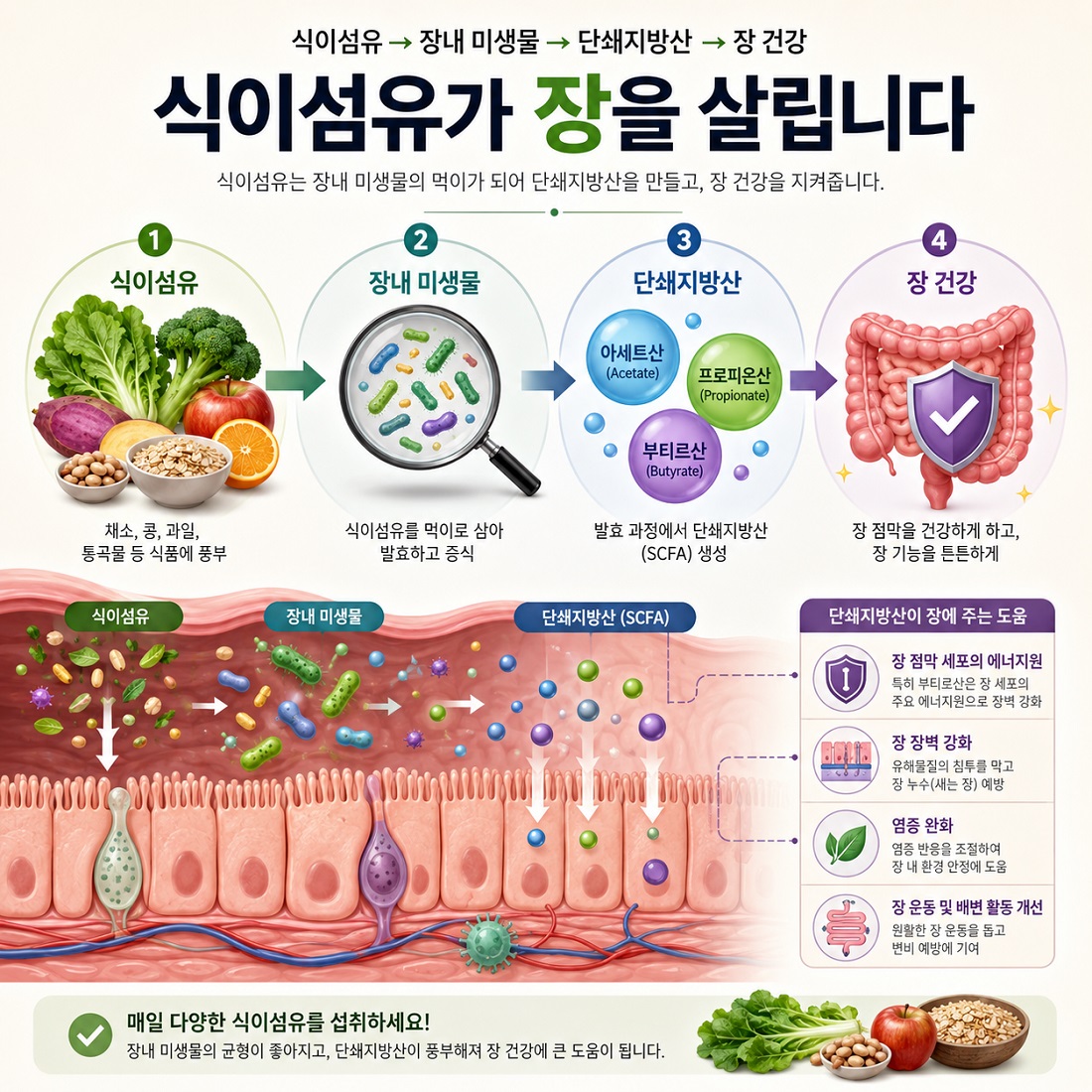 채소와 통곡물의 식이섬유를 장내 미생물이 단쇄지방산으로 만드는 과정