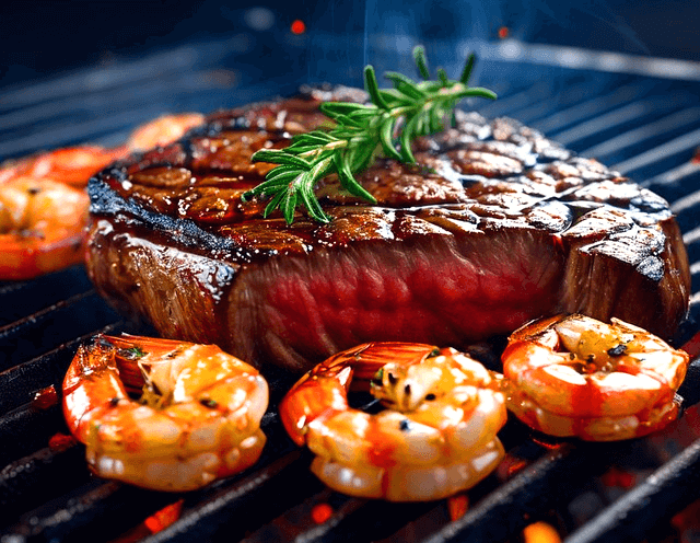 석쇠에 커다란 소고기 스테이크와 새우들이 익어가고 있다.