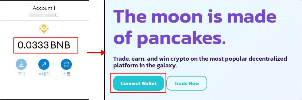 왼쪽에는 Metamask 비엔비 보유수량 우측에는 Pancake 스왑 메인화면 Connect Wallet을 누르려고함