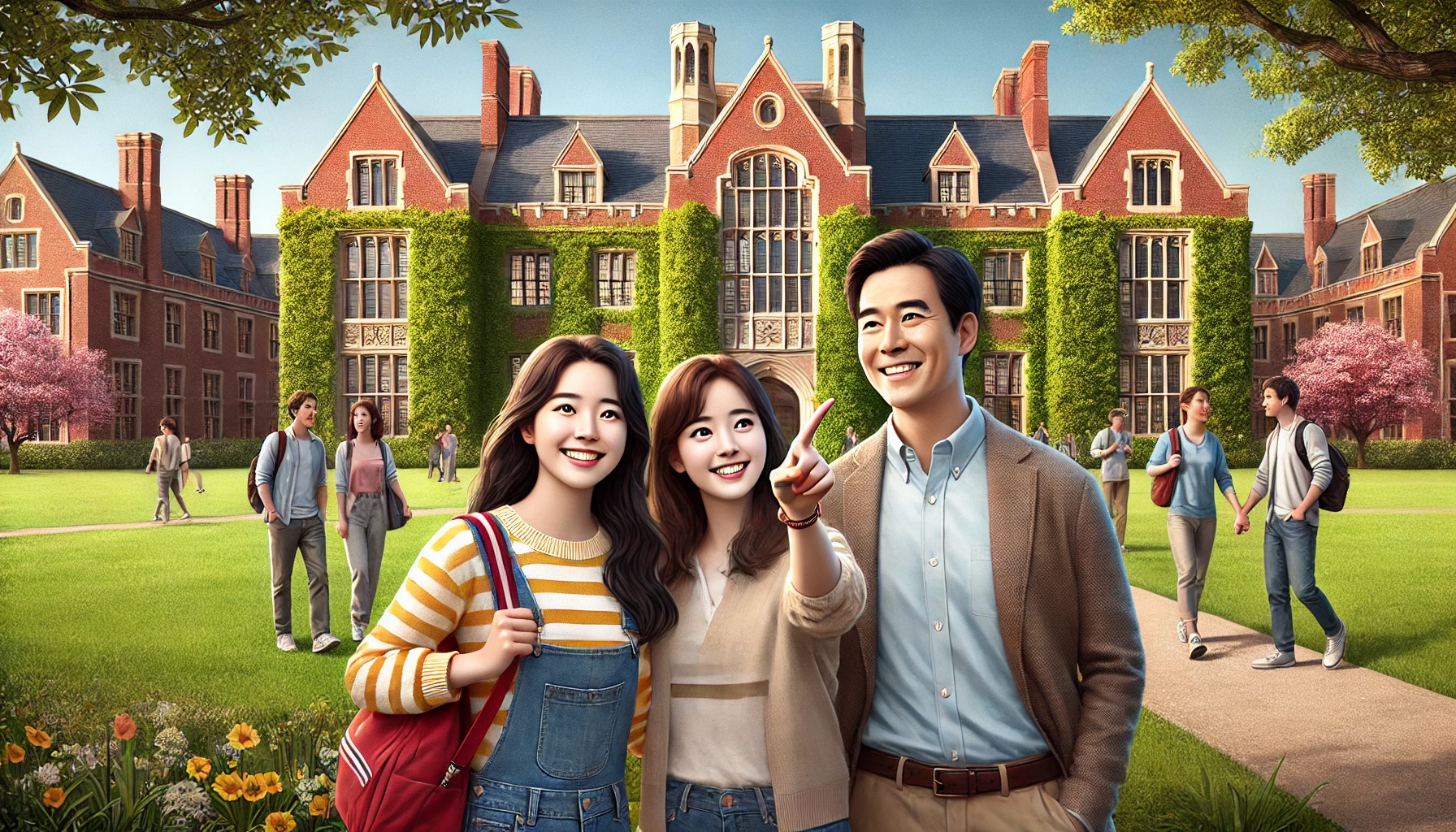 미국 명문대 캠퍼스를 배경으로 한 부모와 자녀의 대학 투어 장면