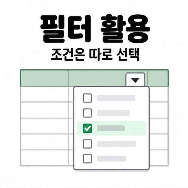 필터 활용과 조건은 따로 선택이라는 문구 아래 표의 드롭다운 메뉴가 열려 있고 한 항목에 체크가 된 그림