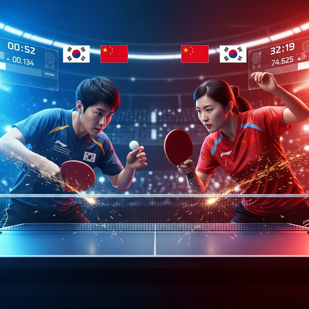 한국과 중국 탁구 선수가 치열하게 경기하는 모습, 미래적인 경기장에서 강력한 서브와 스매시를 주고받으며 패권을 다투는 역동적인 순간.