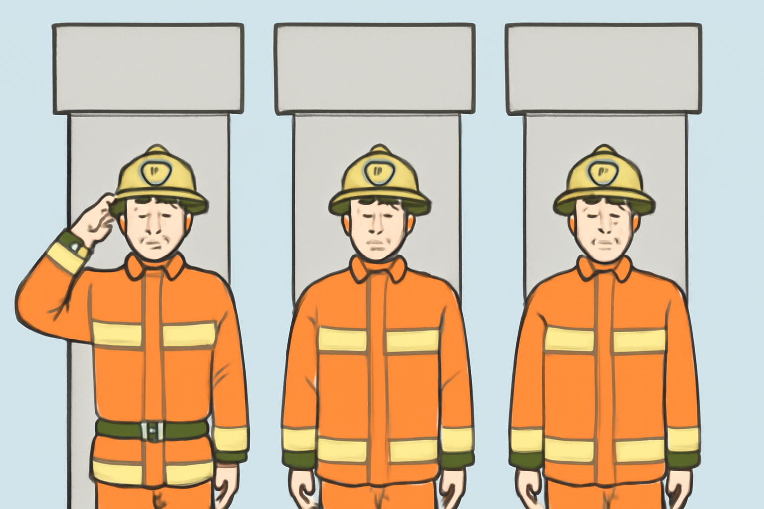 세-명의-소방관이-오렌지색-유니폼과-노란-헬멧을-착용하고-파란-배경과-회색-기둥-뒤에-서-있습니다.
