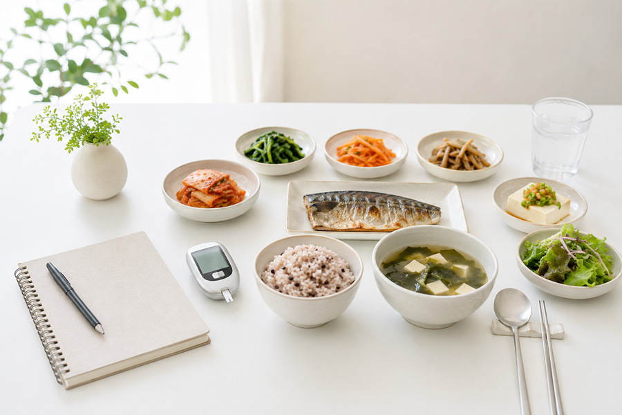 혈당측정기, 건강 기록 노트, 잡곡밥과 채소·단백질 반찬이 놓인 균형 잡힌 한국식 식탁