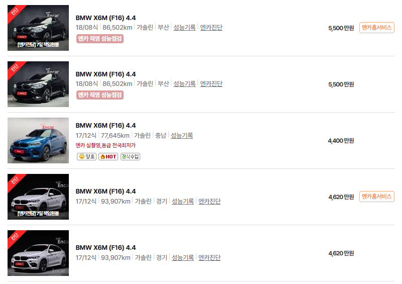 BMW X6M 중고차 가격 시세표 고속 시내 연비