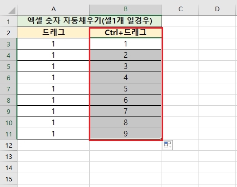 엑셀 숫자 자동 채우기 기본 Ctrl키