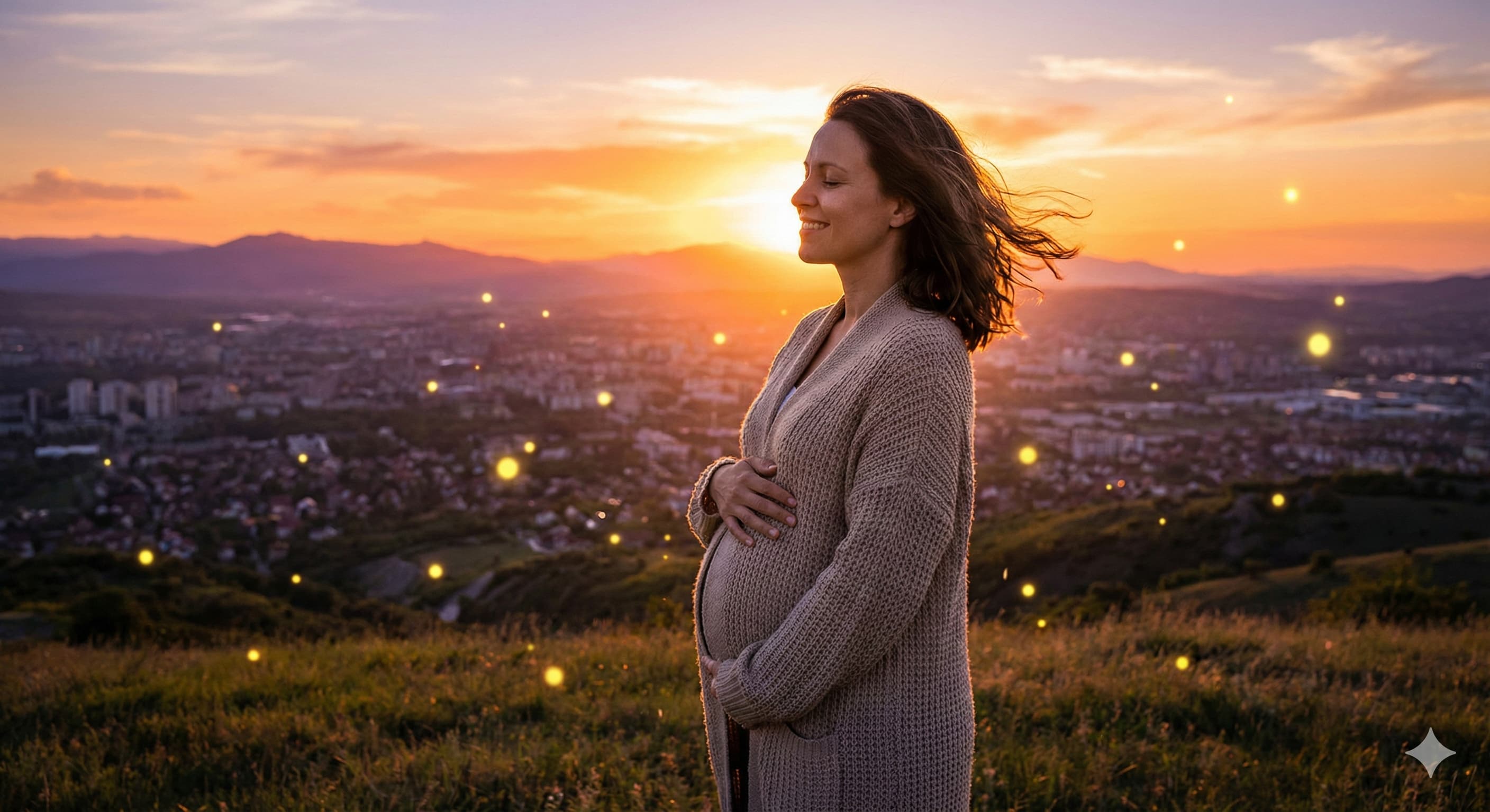 노을 지는 언덕 위에서 배에 손을 얹고 평온함을 느끼는 행복한 여성