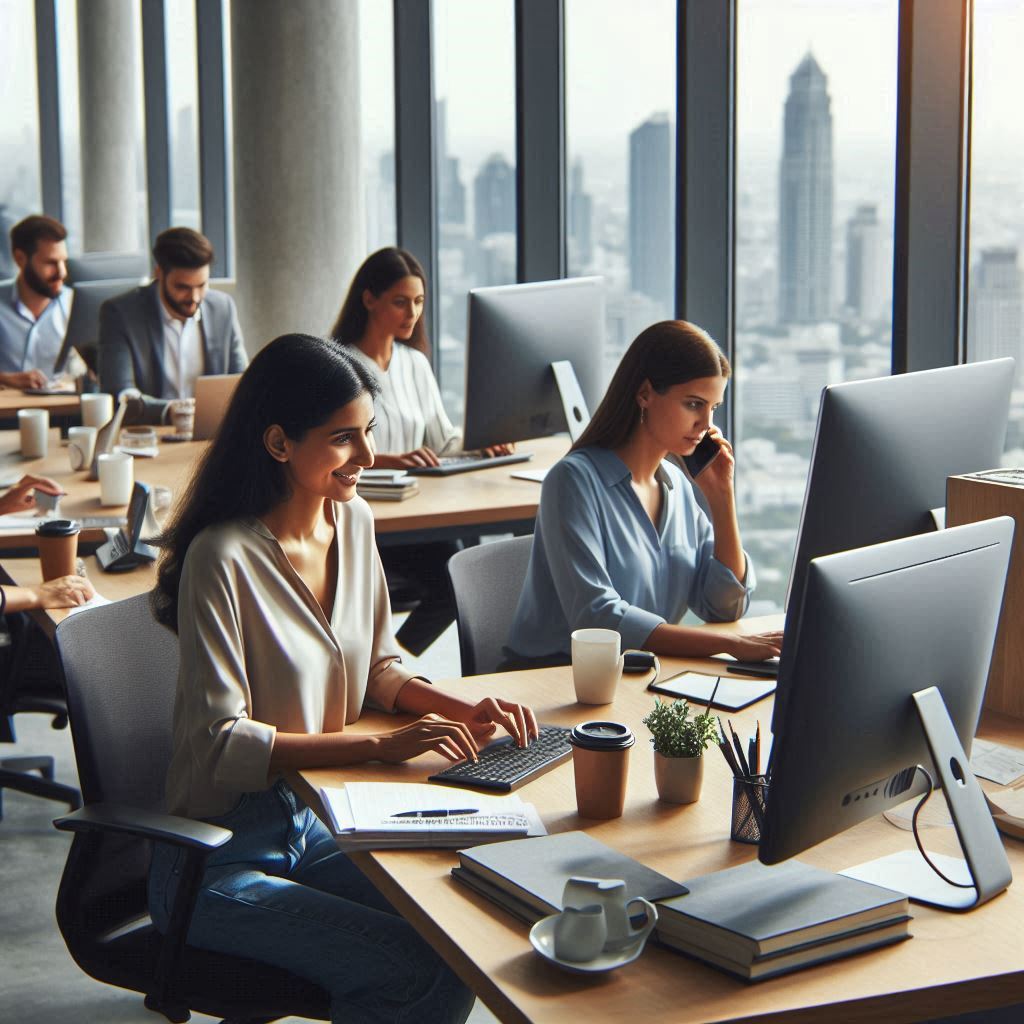 에어컨이 가동 중인 사무실에서 근무하는 직장인들의 모습