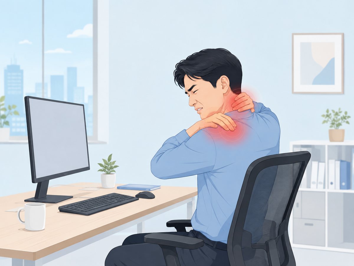 사무실 모니터 앞에 앉아 목 뒤와 어깨를 붙잡고 얼굴을 찡그린 직장인