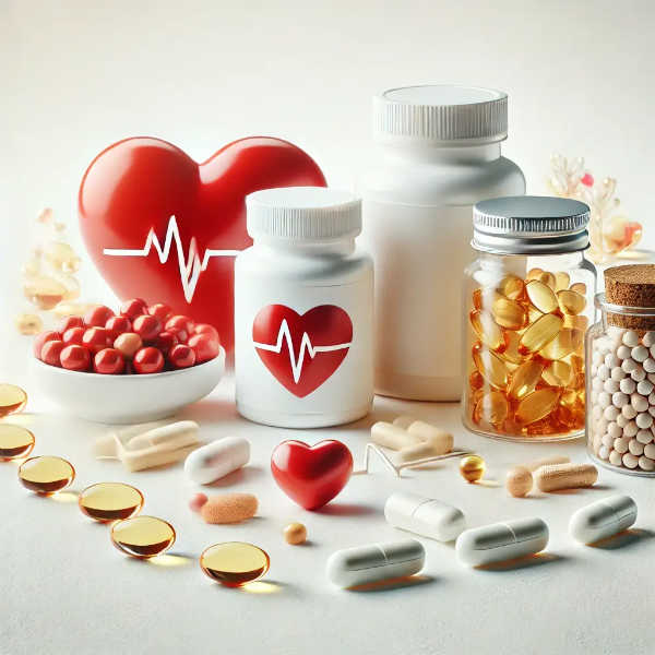 오메가3, 홍국, 코엔자임Q10 등 콜레스테롤 낮추는 영양제가 밝은 배경에 정돈된 이미지, 성분 비교 컨셉