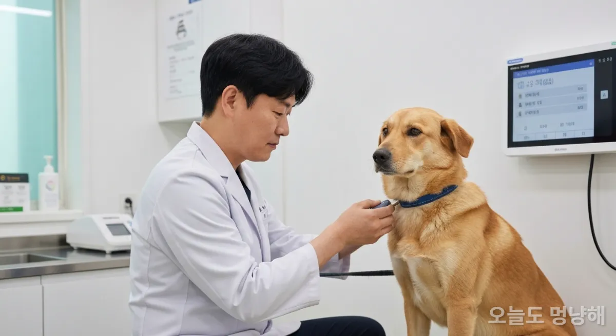 동물병원에서 부모견의 마이크로칩을 스캔하며 건강을 확인하는 수의사