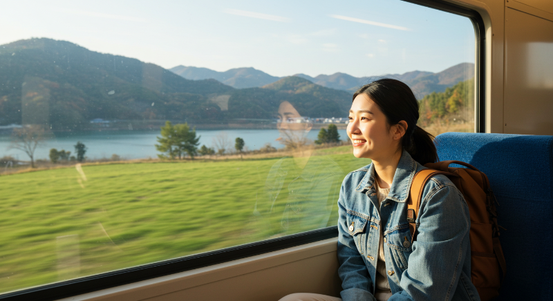 여행자가 기차나 버스 창밖 풍경을 편안하고 즐거운 표정으로 바라보는 모습.