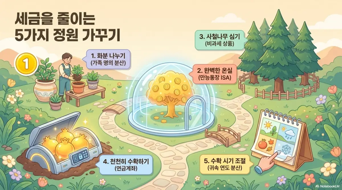 금융소득종합과세 절세 전략 5가지를 정원 가꾸기에 비유한 조감도 인포그래픽 이미지. 화분 나누기는 가족 명의 분산을 완벽한 온실은 ISA 계좌를 사철나무 심기는 비과세 상품을 천천히 수확하기는 연금계좌를 수확 시기 조절은 귀속 연도 분산을 각각 나타내며 정원 곳곳에 배치되어 있다. 이 이미지는 금융소득종합과세를 피하기 위한 5가지 절세 방법의 전체 구조를 시각적으로 전달하며 블로그의 절세 전략 섹션 도입과 관련된 내용을 설명함