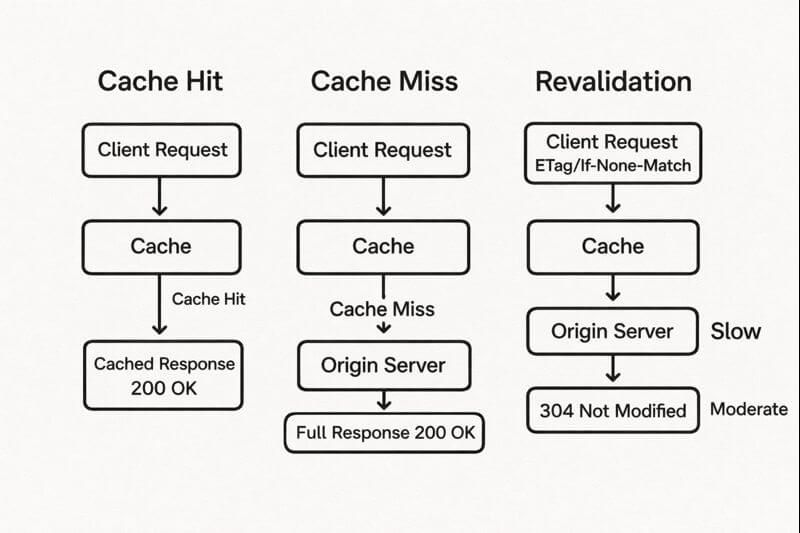 캐시 히트는 즉시 응답, 캐시 미스는 원본 서버 다운로드, 재검증은 헤더로 변경 여부만 확인 후 304 응답을 받는 흐름을 비교한 다이어그램