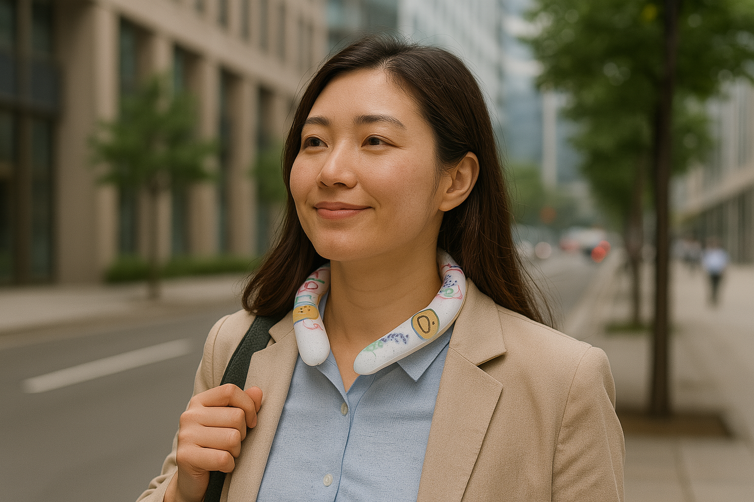 넥쿨러를 착용하고 출근하는 여성