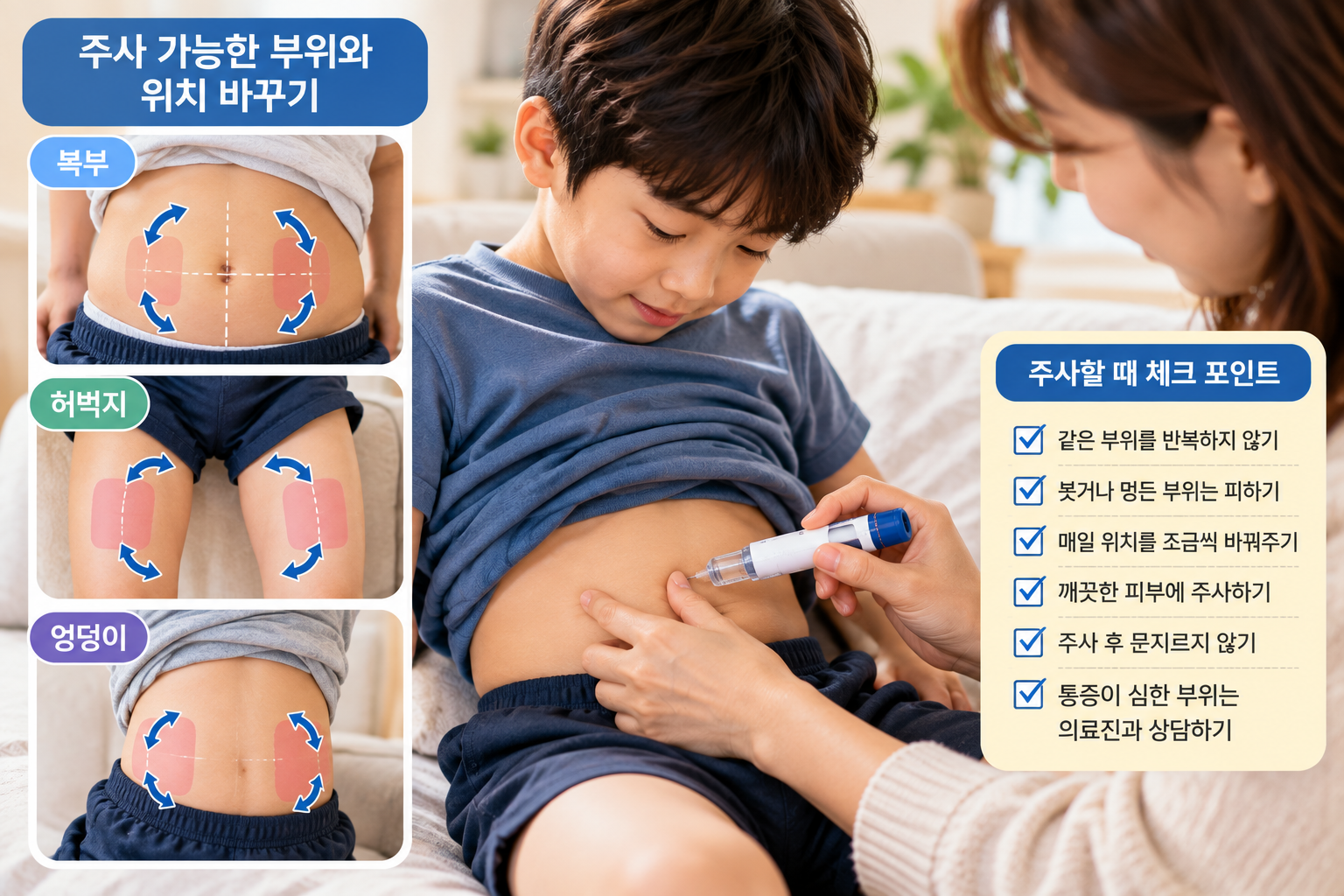 어린이 주사 부위 교체 안내 인포그래픽