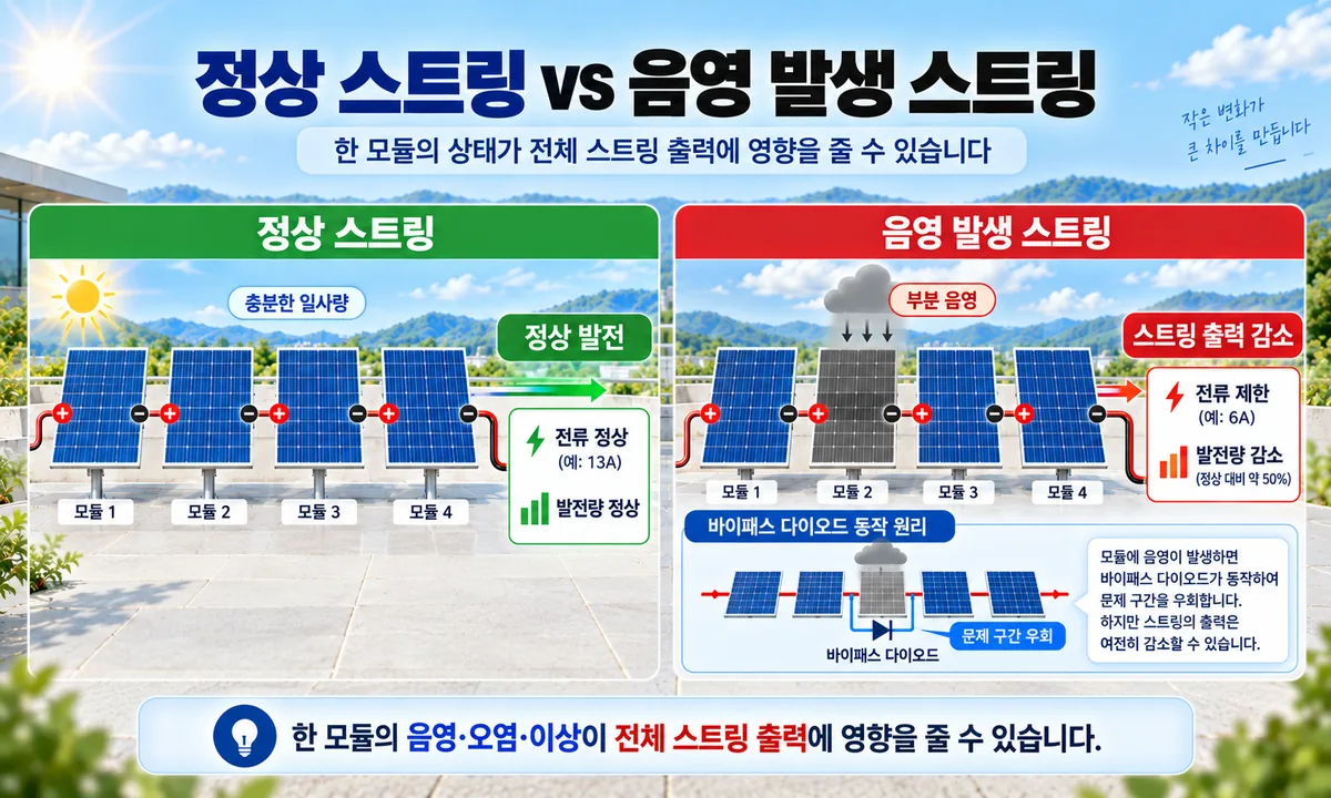 정상 태양광 스트링과 부분 음영이 발생한 스트링의 출력 차이 및 바이패스 다이오드 동작