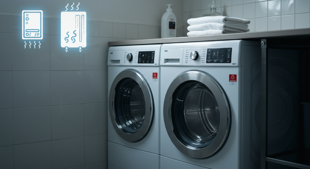 첨단 기술 아이콘들이 떠다니는 현대적인 건조기, 기술의 진실을 파헤치는 분위기