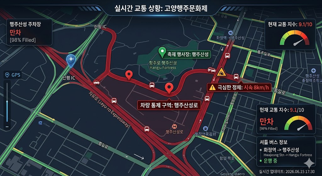 실시간 교통 상황 지수, 행주산성 주차장 만차 정보, 통제 구역, 셔틀 버스 노선 등 고양행주문화제 행사장 주변 교통 정보를 시각화한 인포그래픽 이미지