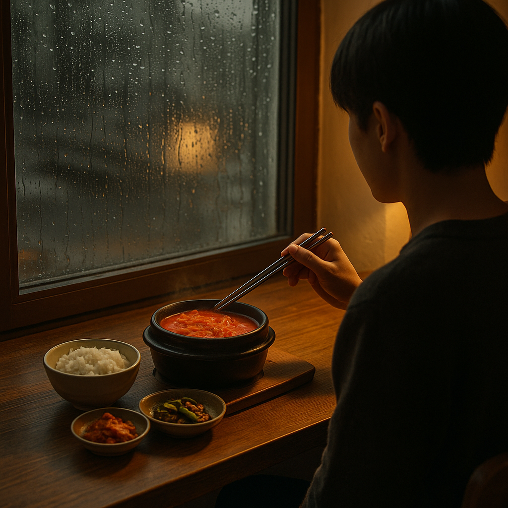 “창밖에 비가 내리는 자취방에서, 혼자 따뜻한 김치찌개를 먹는 장면. 테이블 위에는 밥, 반찬 두세 가지가 놓여 있고, 배경은 노란 조명의 따뜻한 분위기.”