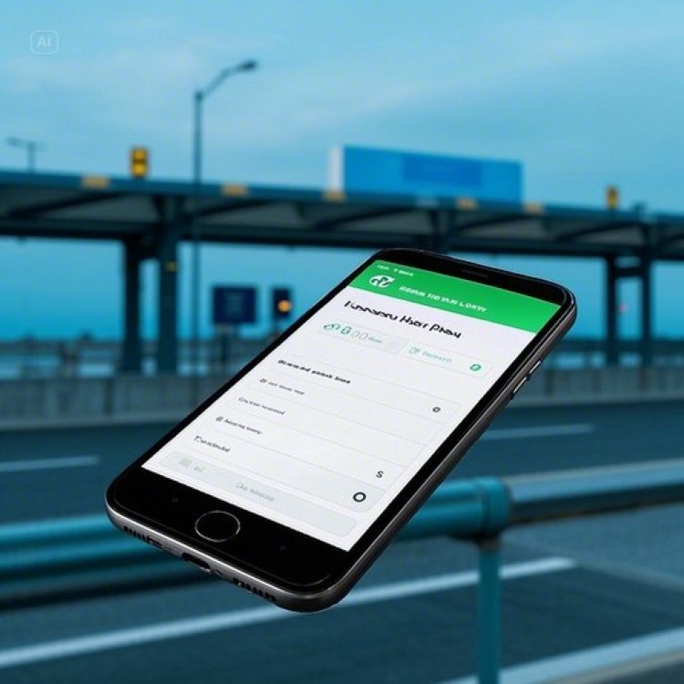 스마트폰에 고속도로 통행료 앱, 차량번호 입력창과 미납요금 납부 화면 표시. 배경에 고속도로와 하이패스 단말기, 깔끔하고 현대적인 분위기