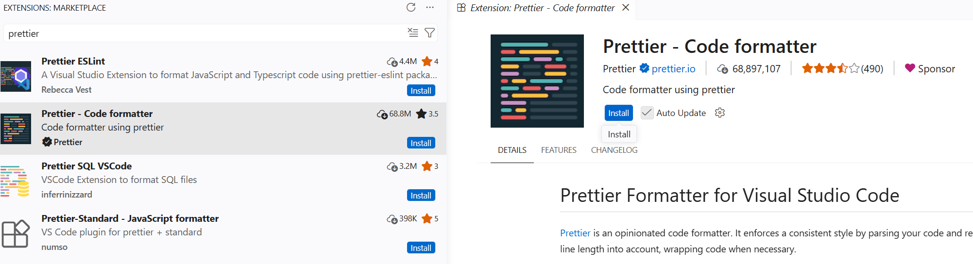 VS Code Prettier 코드 정렬 도구 설치 화면