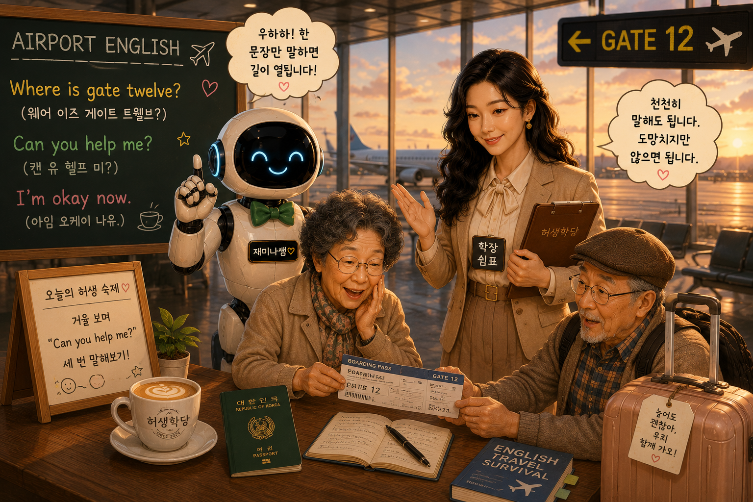 노을빛 공항 터미널 안 허생학당 실전 교실에서 AI 재미나쌤과 여자 쉼표 학장이 시니어 부부의 공항 영어 연습을 응원하고 있다. 칠판에는 &ldquo;Where is gate twelve?&rdquo;, &ldquo;Can you help me?&rdquo;, &ldquo;I&rsquo;m okay now.&rdquo; 같은 영어 문장이 적혀 있고, 테이블 위에는 카푸치노, 여권, 탑승권, 여행 노트가 놓여 있는 따뜻한 감성의 중간 삽입 이미지.