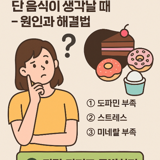 저탄고지 식단 중 단 음식이 자꾸 생각나는 상황을 표현한 인포그래픽. 크림색 배경 위에 여성 일러스트가 고민하는 듯한 표정으로 초콜릿, 케이크, 그릭요거트, 에리스리톨 디저트를 바라보고 있으며, 식단 유지와 유혹 사이에서 균형을 잡으려는 듯한 구도가 중심에 배치되어 있다. 텍스트는 최소화되어 있고 시각적 상징 요소가 강조된 구성.