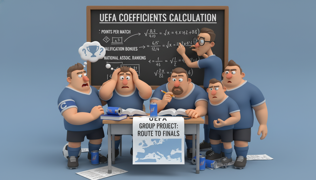 조별과제를 하듯 칠판에서 UEFA 계수를 계산하며 고민하는 축구 선수들의 3D 일러스트