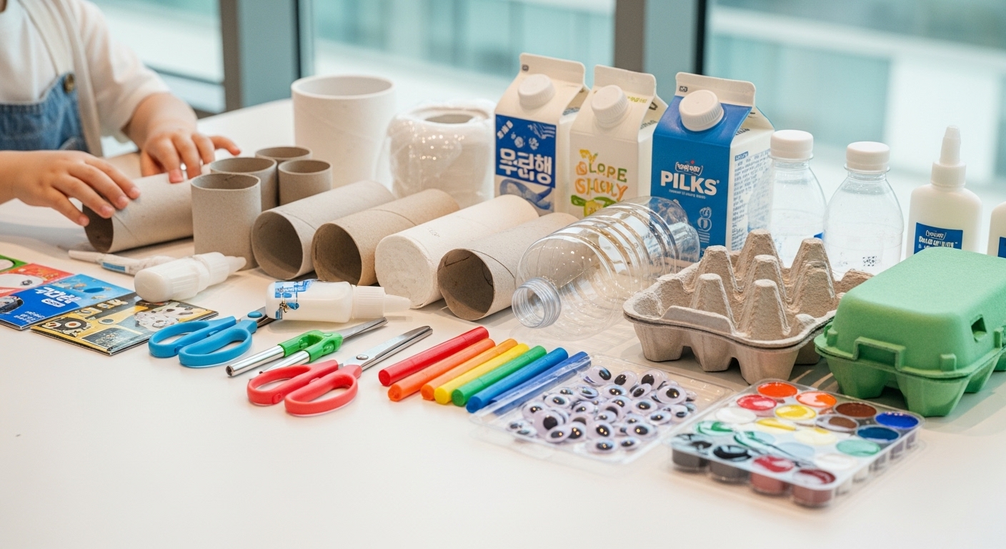 깨끗하게 정리된 우유팩, 휴지심, 페트병 등 재활용 재료와 공예 도구들이 준비된 테이블.