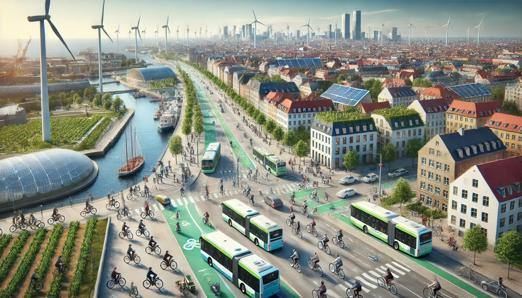 자전거 이용하고, 재생 에너지를 도입하여 탄소 배출을 줄이는 코펜하겐