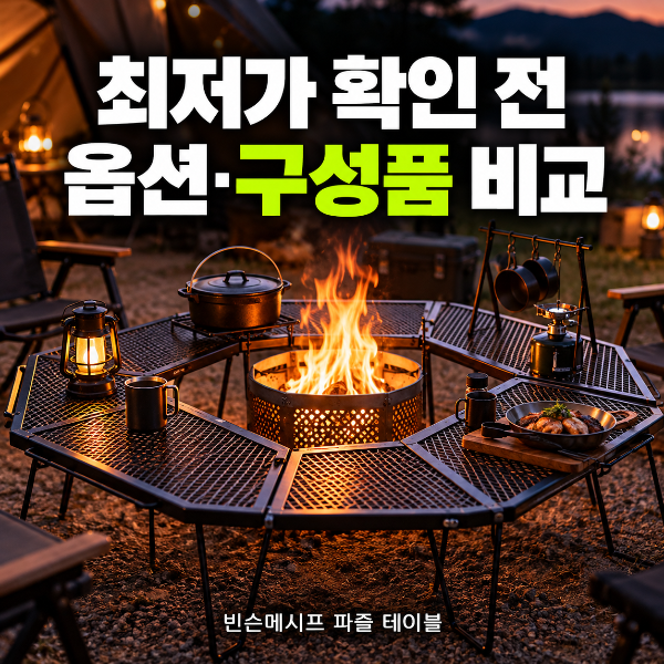 [빈슨메시프 파즐 화로대 테이블 2P 폴딩 메쉬 철제선반 캠핑 테이블] 최저가 확인 전, 옵션과 구성품 비교