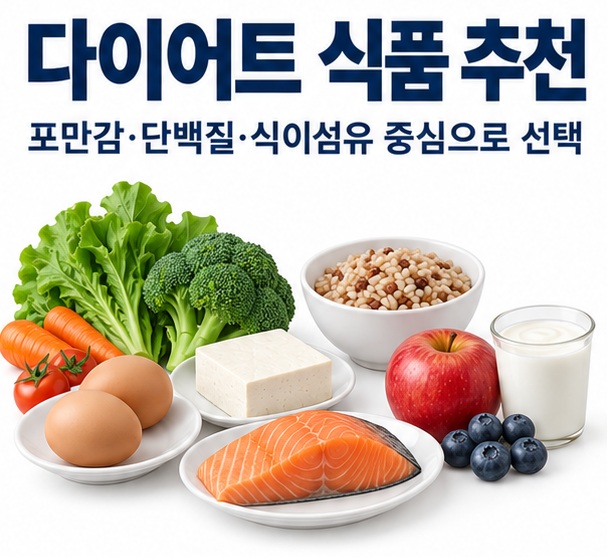 채소 달걀 두부 생선 통곡물 과일 요거트를 배경으로 다이어트 식품 추천이라는 글자가 중앙에 놓인 건강식단 인포그래픽