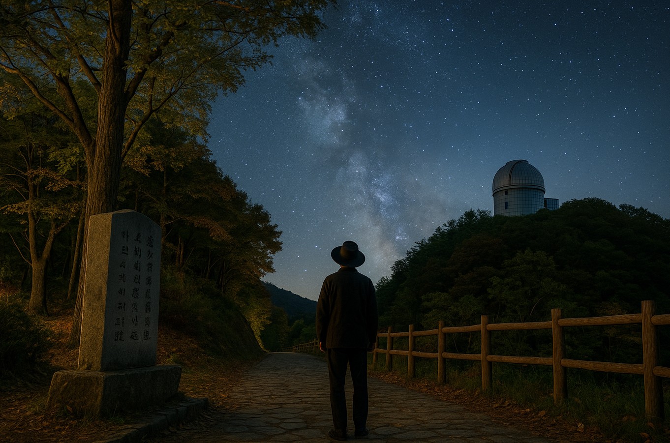 천문대를 바라보는 중년사진