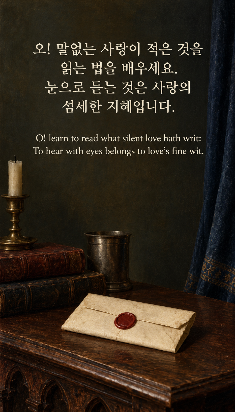 눈으로 듣는 마음: 오! 말없는 사랑이 적은 것을 읽는 법을 배우세요. 눈으로 듣는 것은 사랑의 섬세한 지혜입니다. 해당 시대 그림체, 봉인된 편지와 푸른 커튼, 목제 책상.