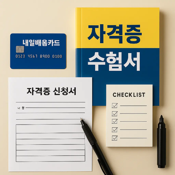 자격증 수험서와 내일배움카드, 시험 응시서류, 펜이 깔끔하게 배치된 내일배움카드 자격증 준비용 스튜디오컷 이미지