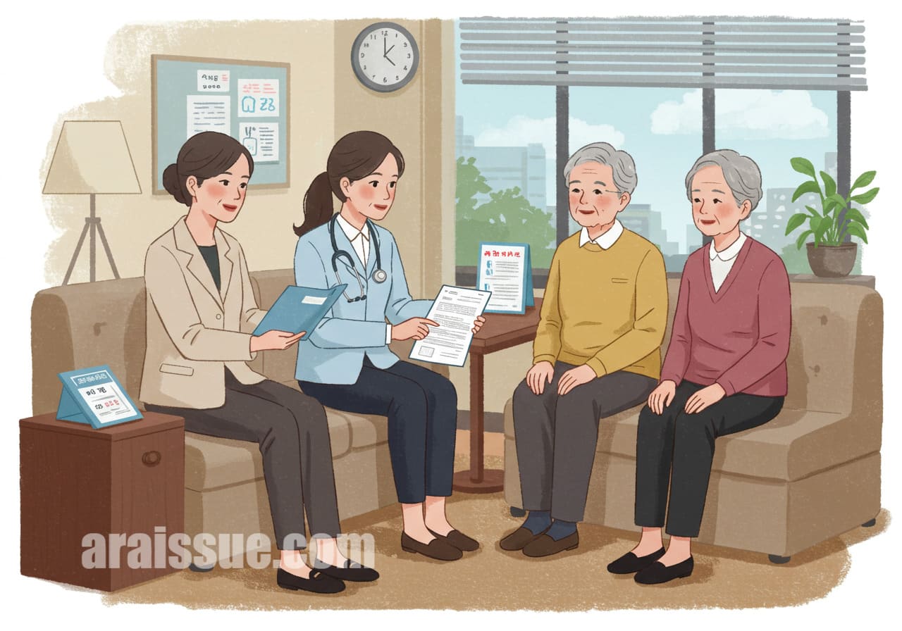 치과 보험 혜택을 신청하는 한국인 부부와 상담 중인 모습.