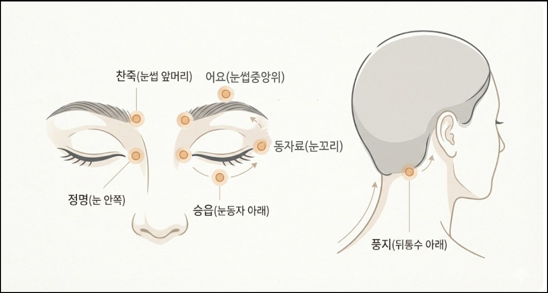 눈주변 주요 혈자리와 풍지혈