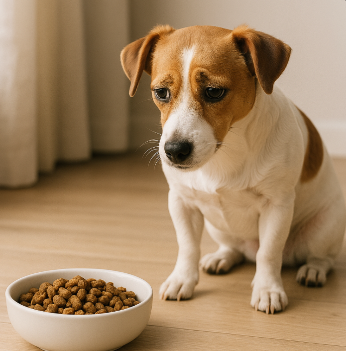 사료를 앞에 둔 강아지 이미지