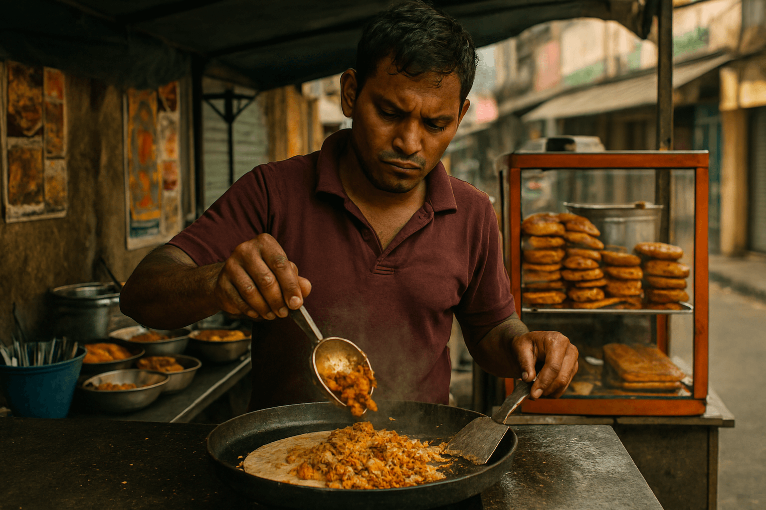 활기 넘치는 스리랑카 길거리 시장에서, 능숙한 손길로 코뚜 로띠를 만들고 있는 현지 요리사. 신선한 재료와 매콤한 향이 식욕을 돋우는 모습.
