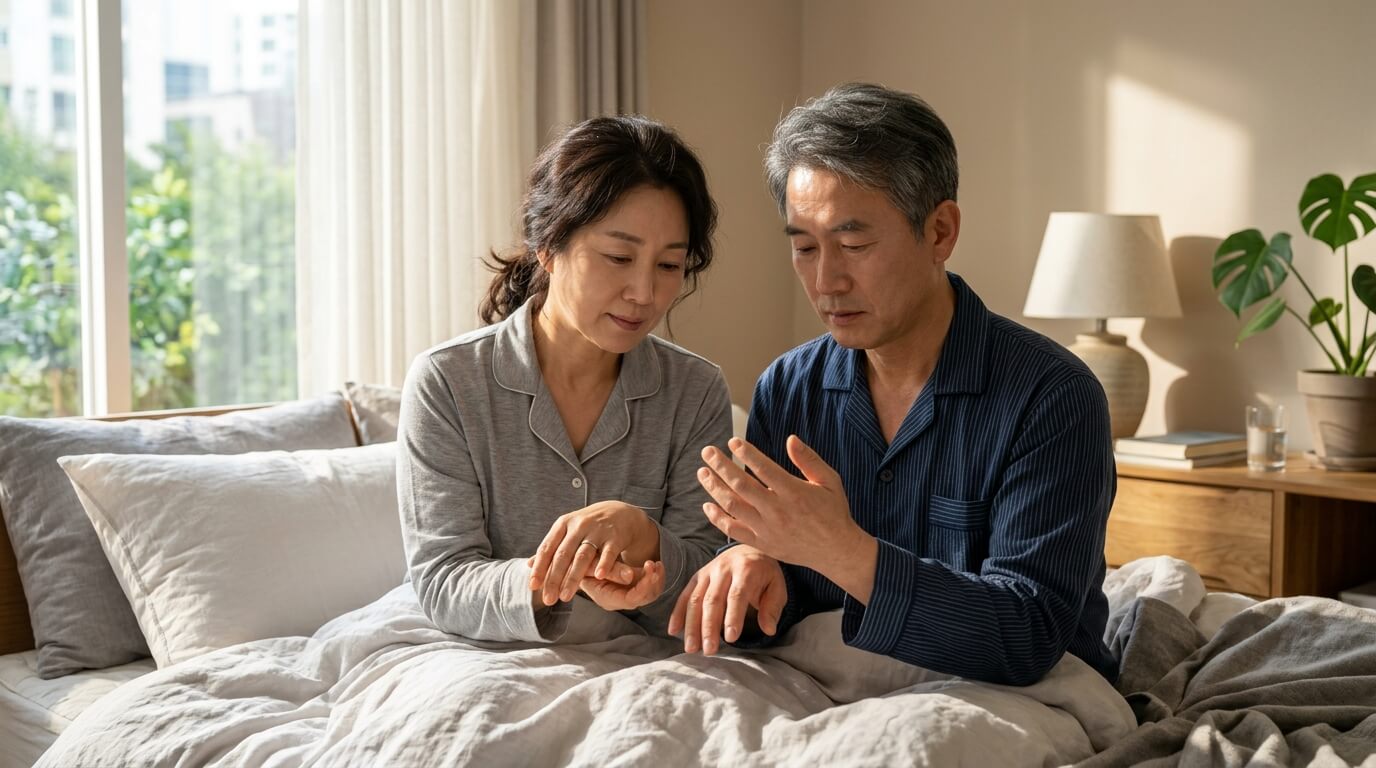 아침에 손 부종을 확인하는 중년 남녀